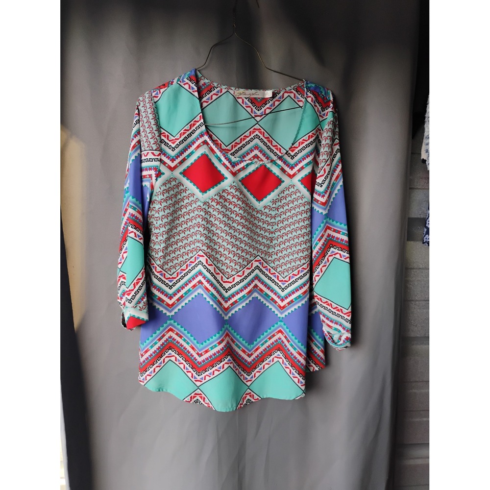 Liberty Love Womens V-Neck Geometric Tribal Print Blouse Turquoise Red Large